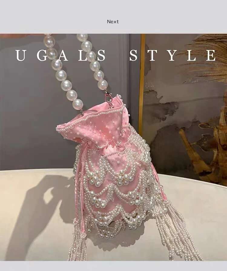 Women's Handbag Satin String Bucket Pearl Beading Tassel Handmade Evening Wedding Party Clutch Purse Shoulder Bag