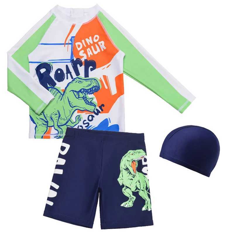 3 Pcs Boy Swimsuit Sun Protection UPF 50+ Long Sleeve Swimming Sunsuit Hat Split Bathing Suits Children Dinosaur ShortsXJ250214