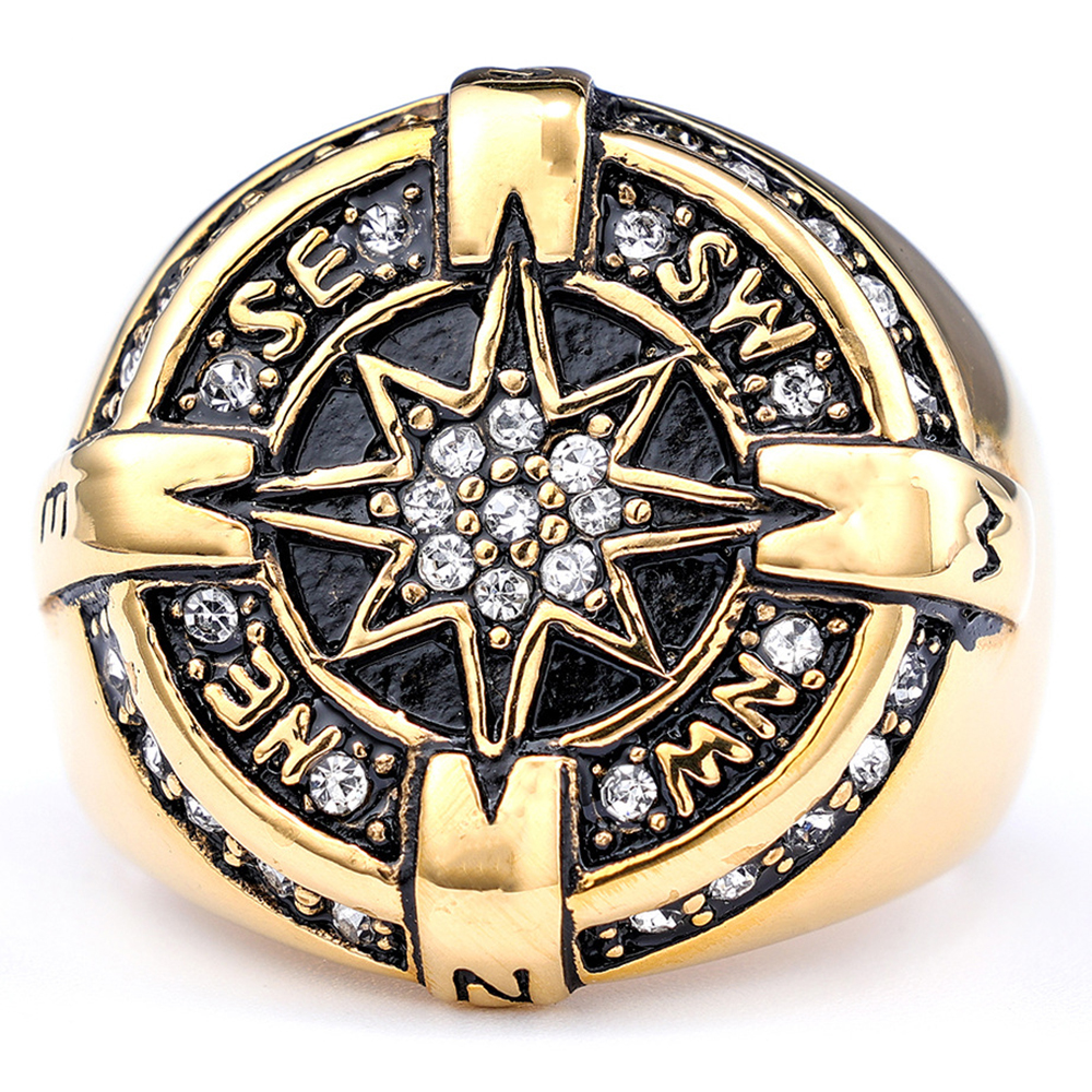 Vintage Hip Hop Star Compass Ring Titanium Steel 18k Gold Plated Mens Finger Jewelry