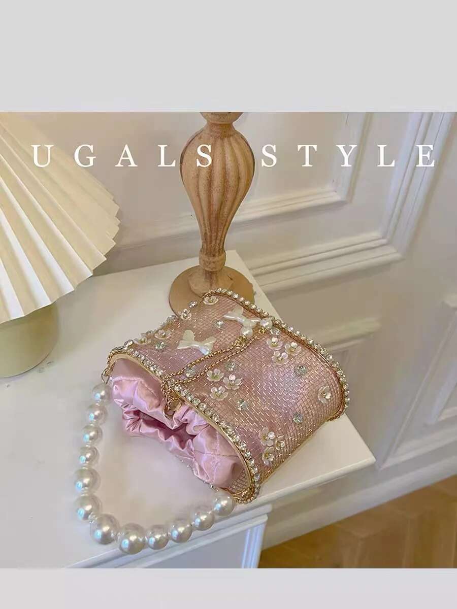 Pearl Beaded Women's Handbag Metal Cage Crystal Shiny Dias Evening Wedding Party Clutch Purse Shoulder Bag