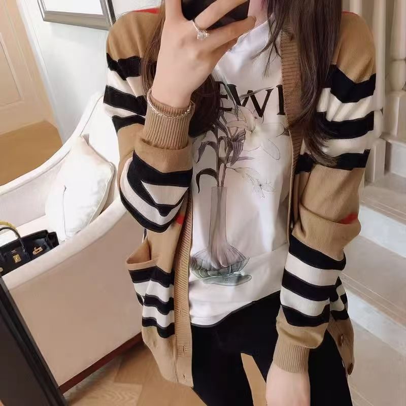 Womens Sweaters Cashmere Cardigan for Women - Mid-Length Knit Jacket with Striped Pattern u0026 V Neckline S--3XL