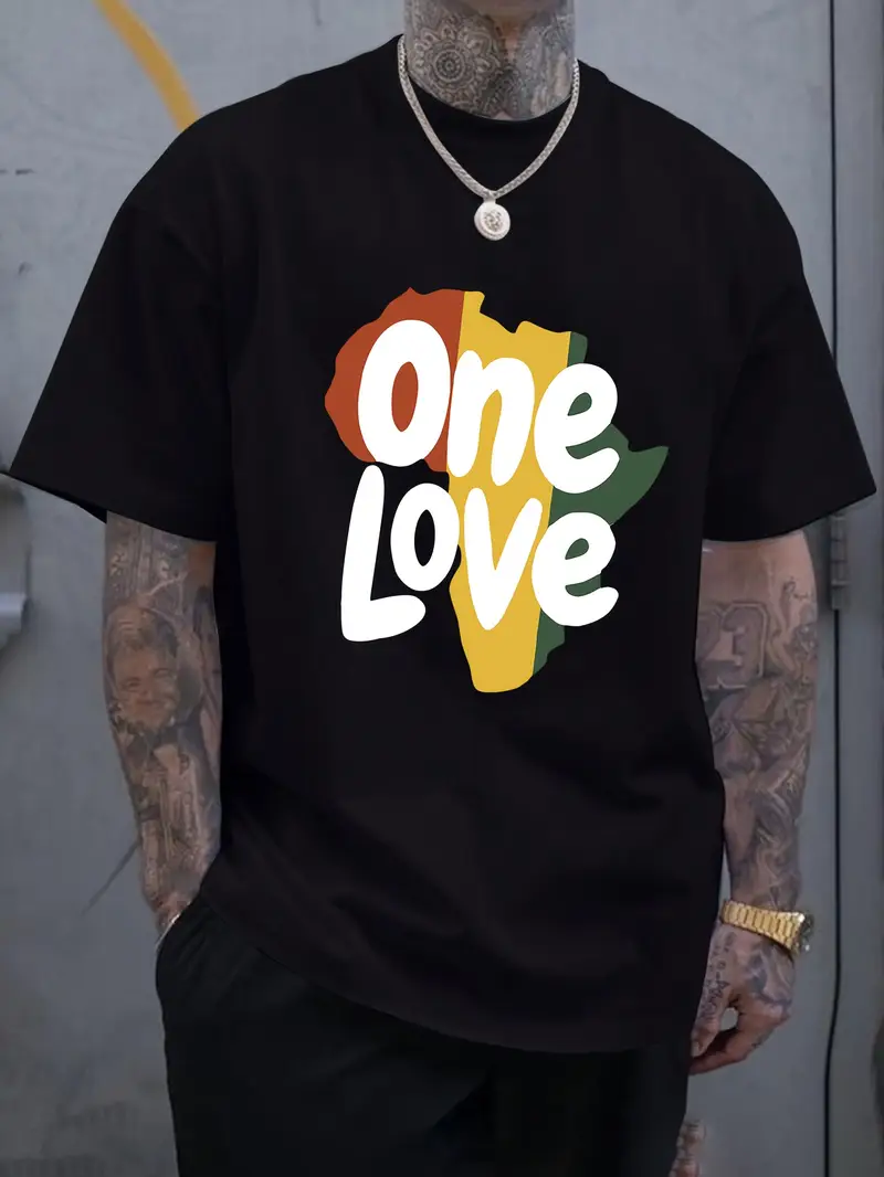 One Love Print Short Sleeve Tee One Love Letter Print Men's Short Sleeve T-Shirts, Comfy Casual Elastic Crew Neck Tops For Men's Outdoor Act
