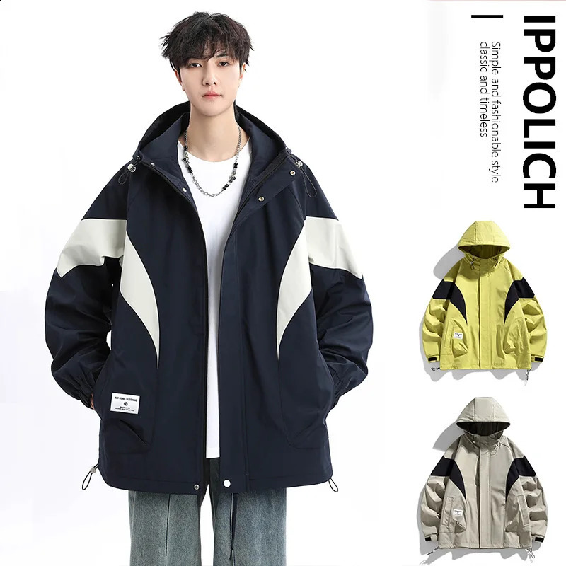 Trendy Mens Jacket Korean Style Hooded Patchwork Men Windproof Waterproof Coats Hiking Outdoor Jackets M8XL 250210