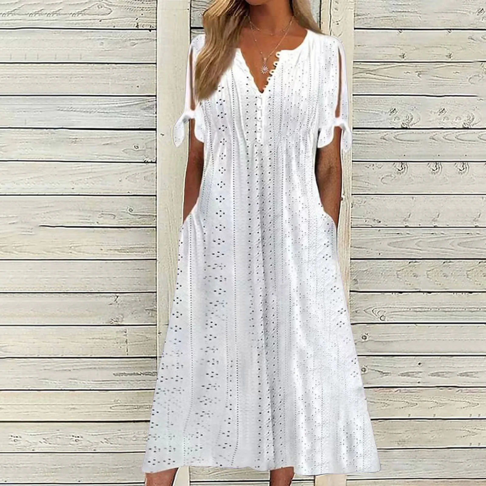 Womens Boho Style Long Dresses Casual Pleated Solid Lace Hollow Button Casual Dress Lace Up Bow Short Sleeve Sundress Dress 250213