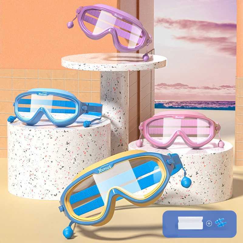 Children Swim Eyewear with Earplug Waterproof HD Lens Anti-Fog Large Frame Diving Glasses Boys Girls Water Sport Goggles Kids Z250215