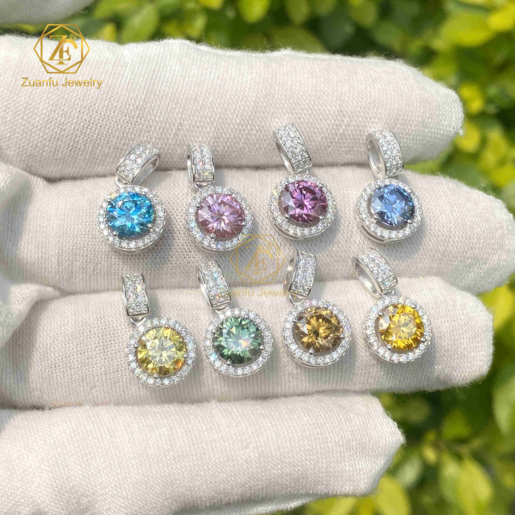 Fashion Design 1CT 6.5MM Moissanite Pendant Charm Pink Yellow Blue Round Brilliant Cut Halo 6.5MM Moissanite Pendant Charm