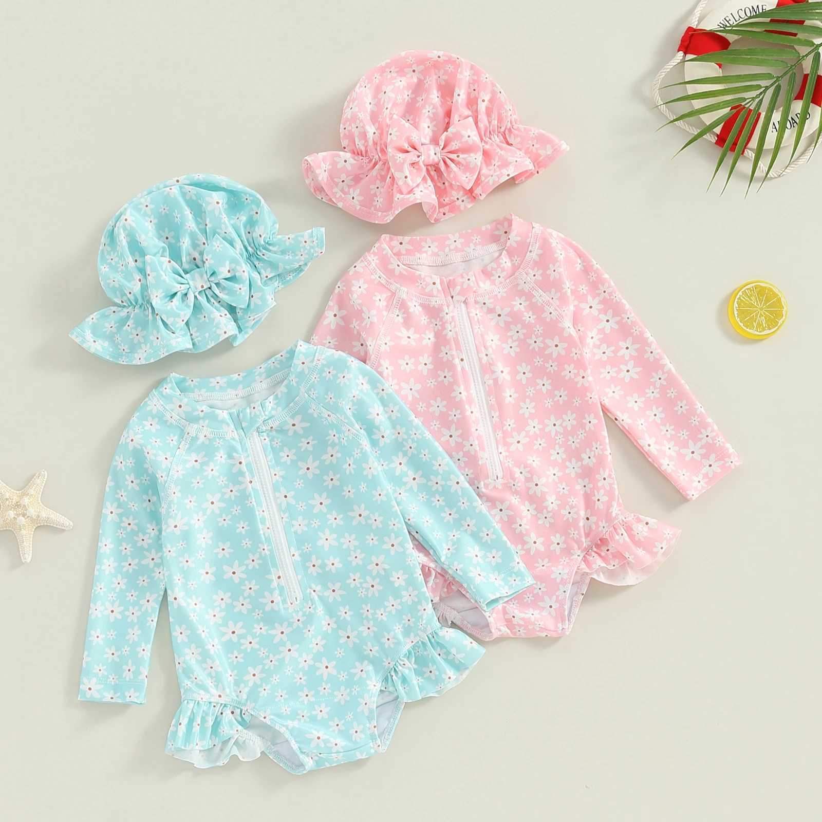Toddler Girls Rash Guard Swimsuit 2pcs Bathing Suit + Sun Hat Set Infant Long Sleeve Floral Print Ruffles Swimwear with Swim CapXJ250214