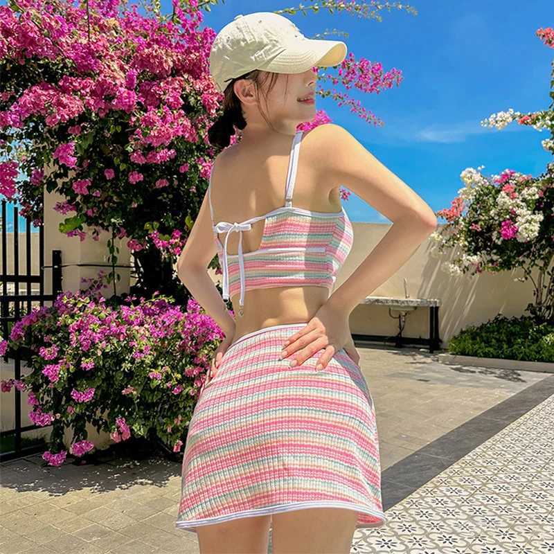 Sexy Stripe Bandeau Swimwear High Waist Bikini 2024 Women 3 Pack Swimsuits with Skirt Bathing Suit Korean Bikinis Set Beach WearW250214