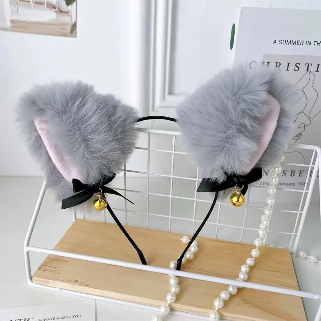 Cute Plush Cat Ear Hair Accessory with Bell and Bow for Photoshoots
