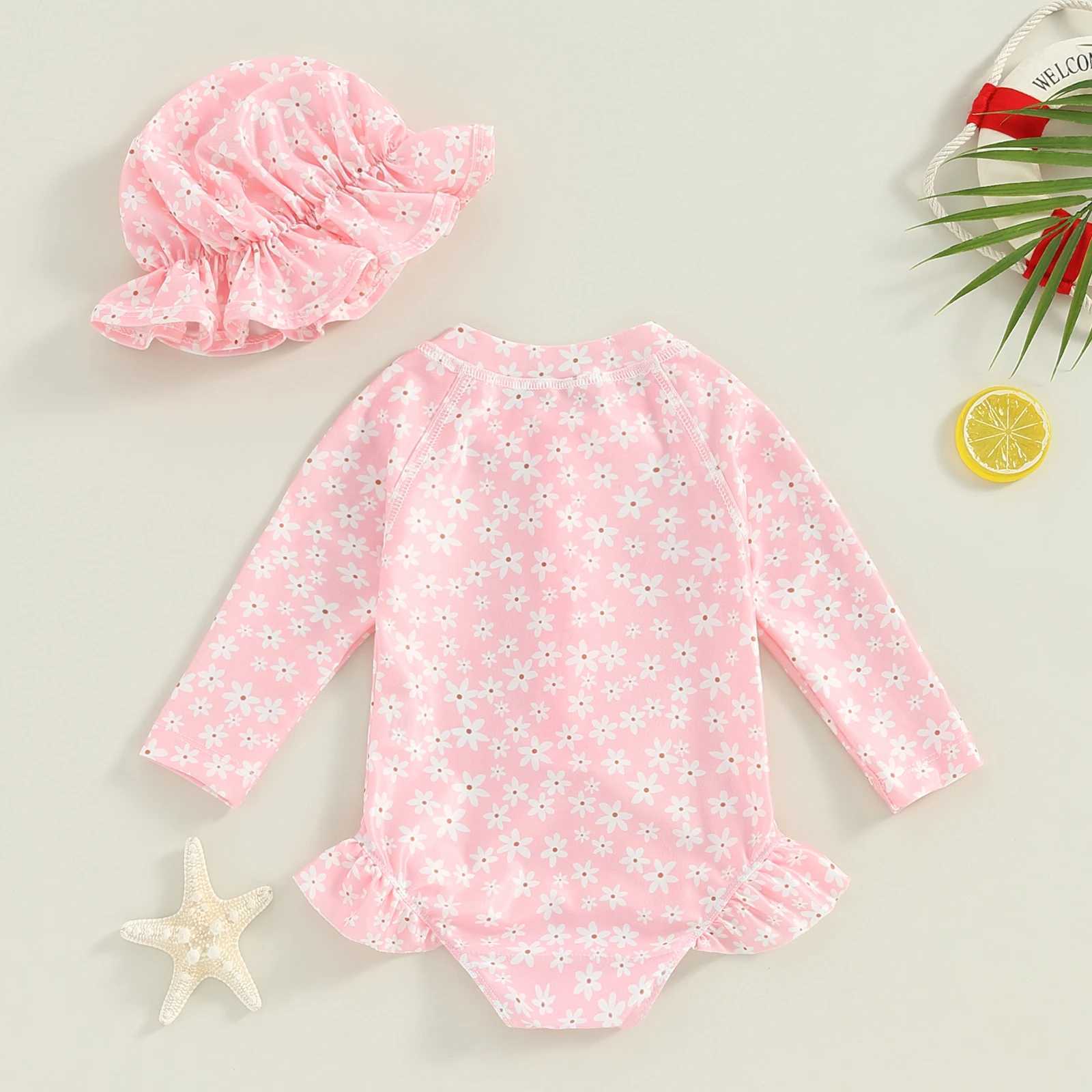 Toddler Girls Rash Guard Swimsuit 2pcs Bathing Suit + Sun Hat Set Infant Long Sleeve Floral Print Ruffles Swimwear with Swim CapXJ250214