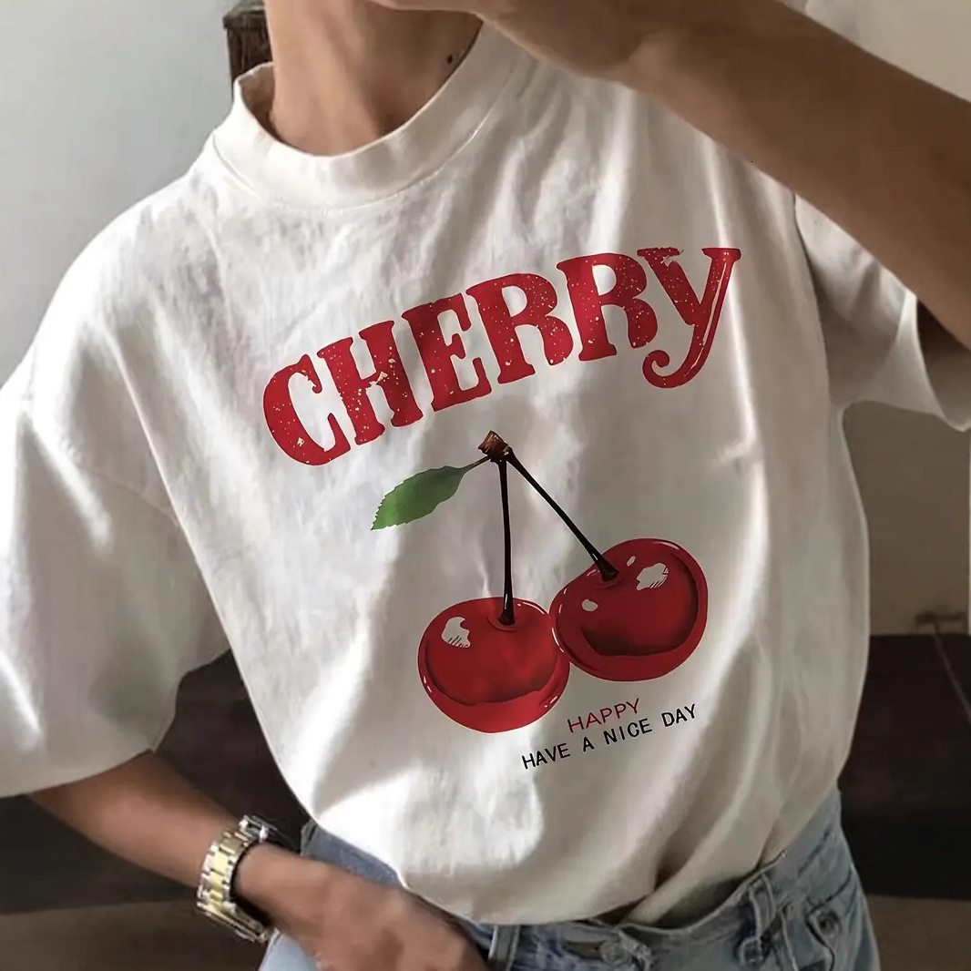 Designer's Casual And Fashionable Versatile Top With Cherry Pattern Printed T-shirt, Fashionable And Versatile Pure Cotton Top, Women's Clot