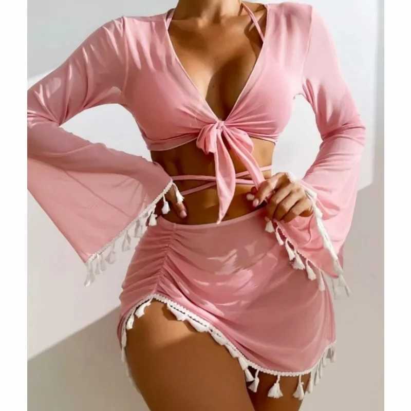 Swimming Suit Women Beach Wear Solid Beach Suit Tassel Cover Up Mesh Short Skirt Bikini Cute Swimming Pool Outfit Spring SummerW250214