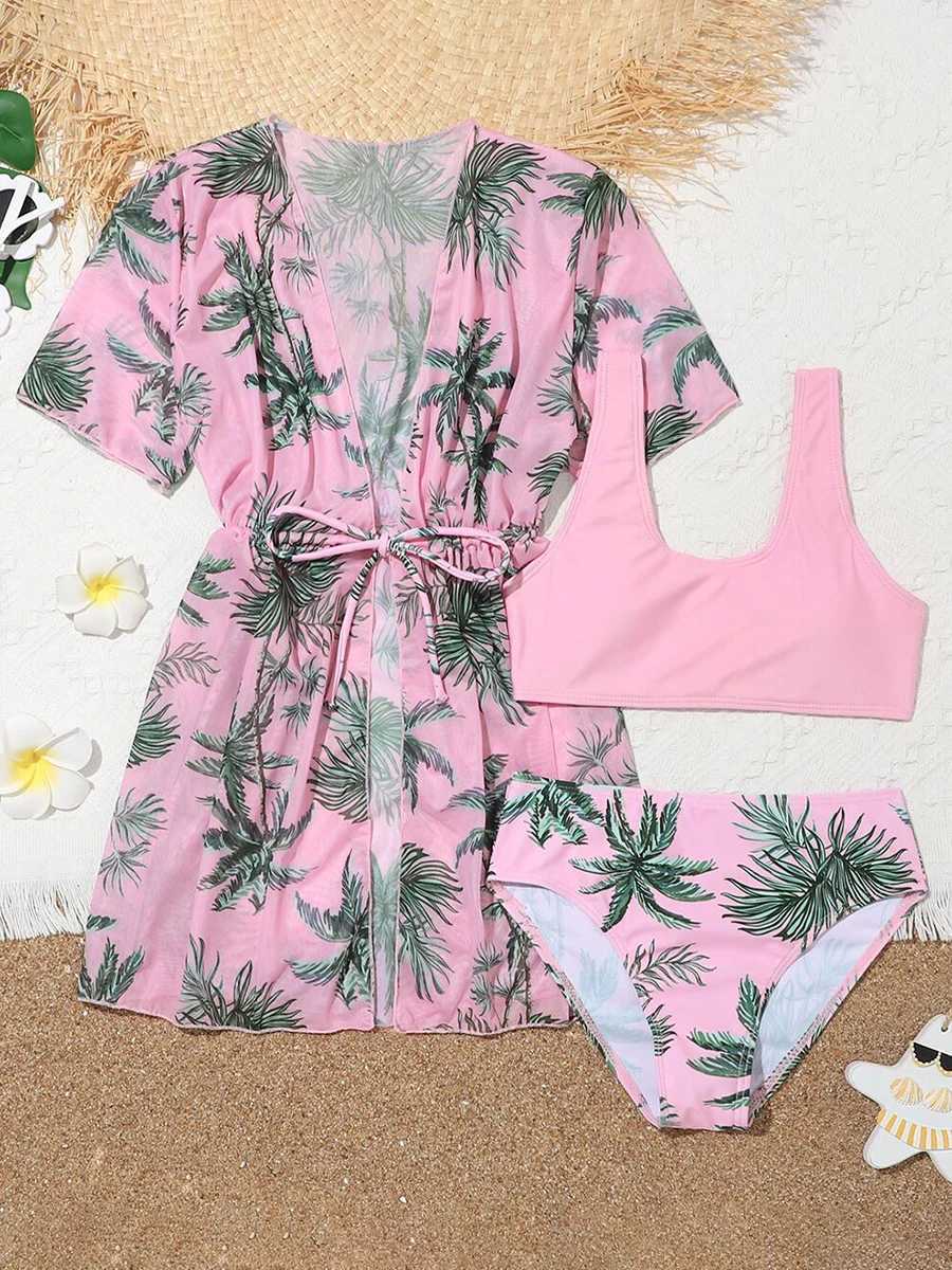 3 Pieces Tropical Print Bikini 2023 Girls Swimsuit with Kimono Kids Swimwear Female Bathers Bathing Swimming Swim Suit BeachwearXJ250214