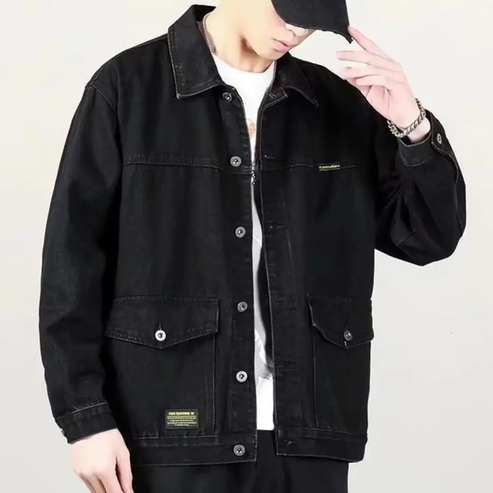 Hidden pocket denim jacket fashionable mens with lapel large buttons spring 250212
