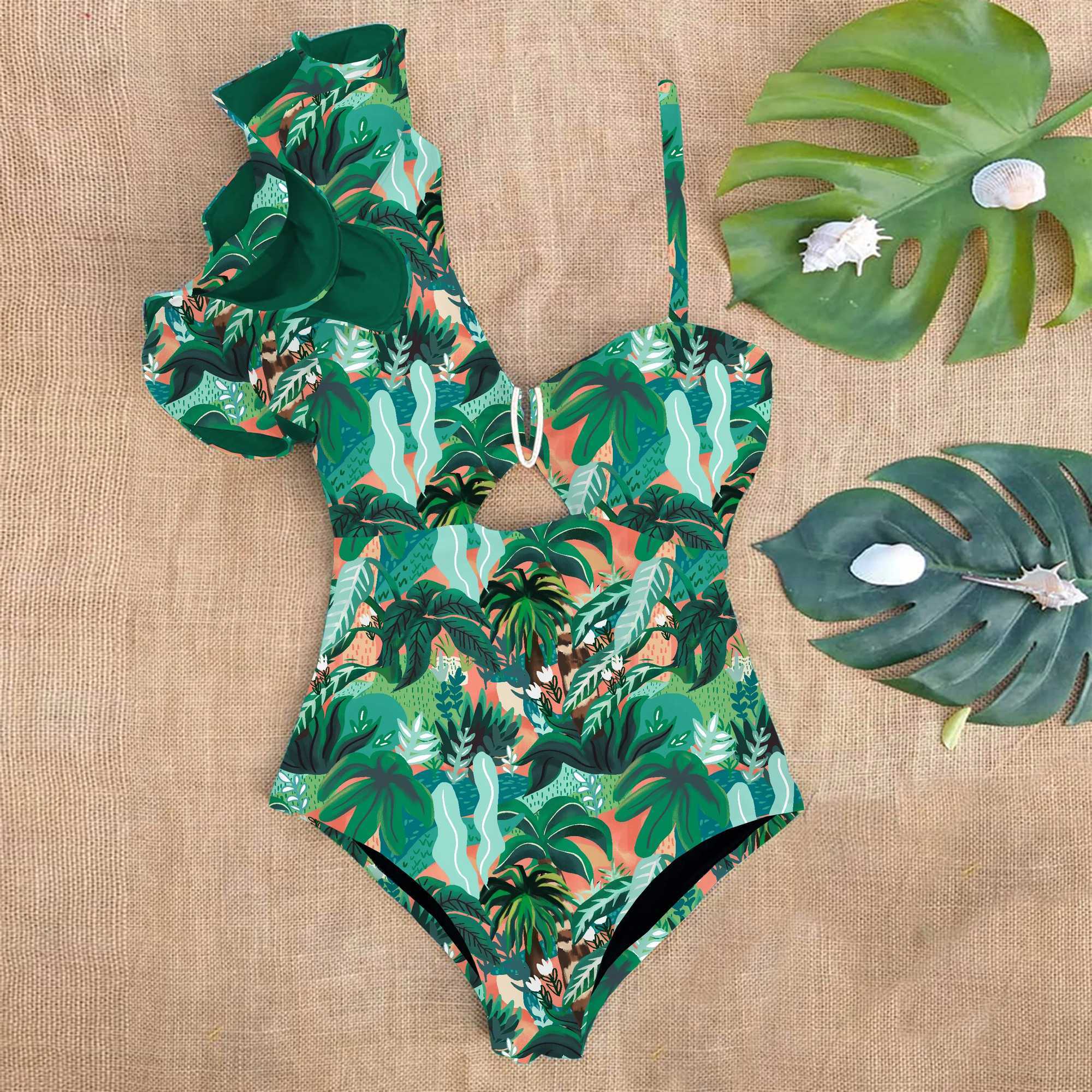 2025 New Arrival Ruffle Swimwear Single Shoulder One Piece Swimsuit Women Floral Printed Tropical Summer Beach Bathing SuitW250214
