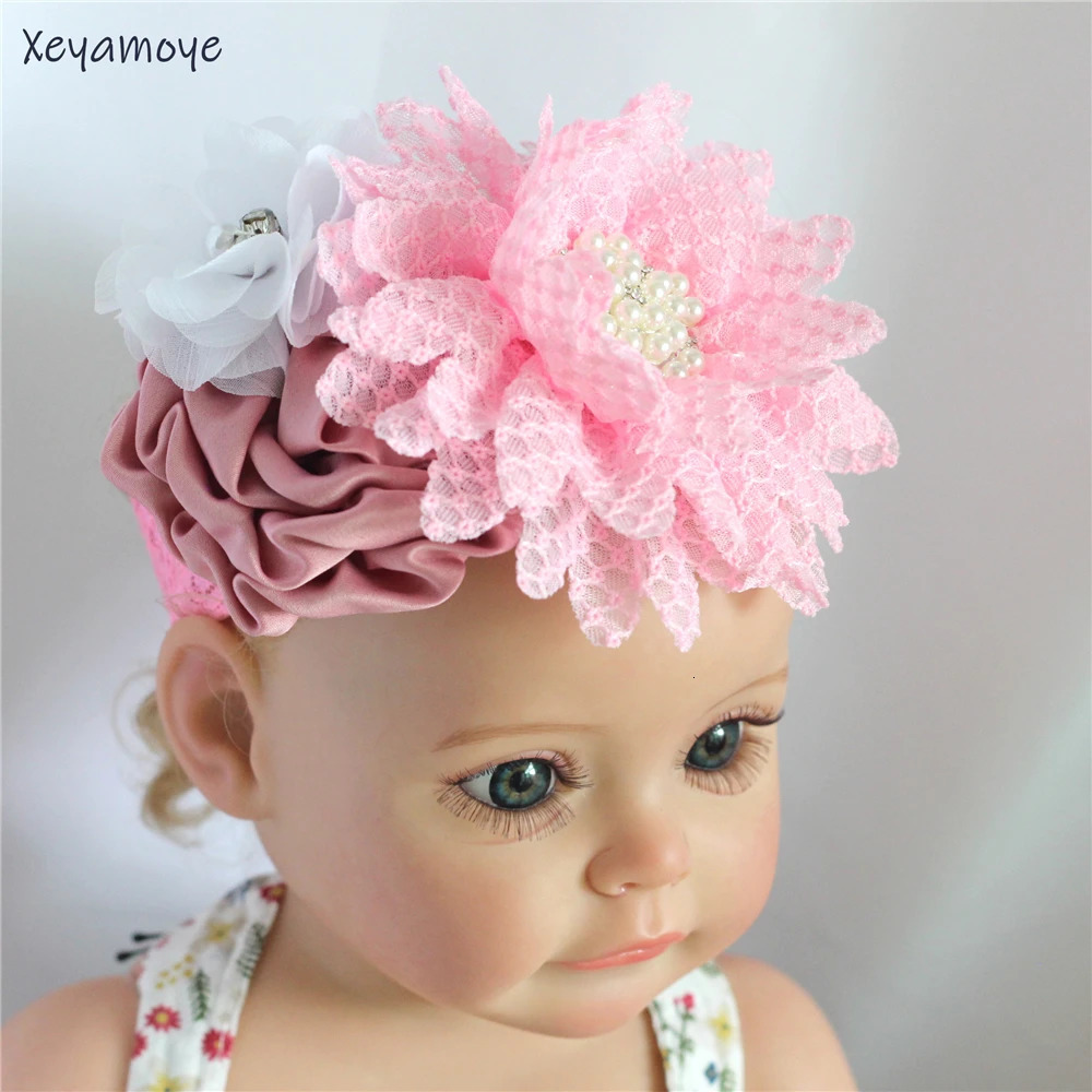 Baby Birthday Headband Po Props Headwear Chiffon Flower with Diamond Lace Wide Headband for Baby Girls Headwrap Infant Turban 250121