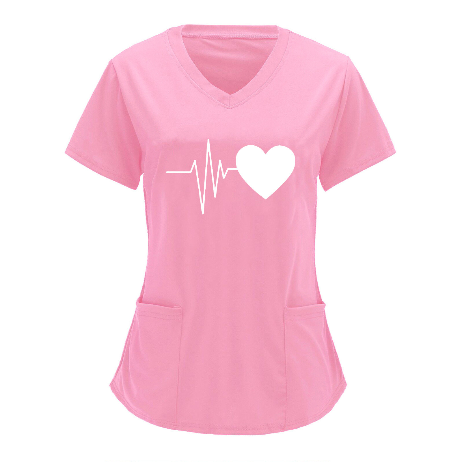 2025 Designer Nurse Protective Work Clothes V-neck Double Pocket Heartbeat Printed Shirt Short Sleeve T-shirt Large Size