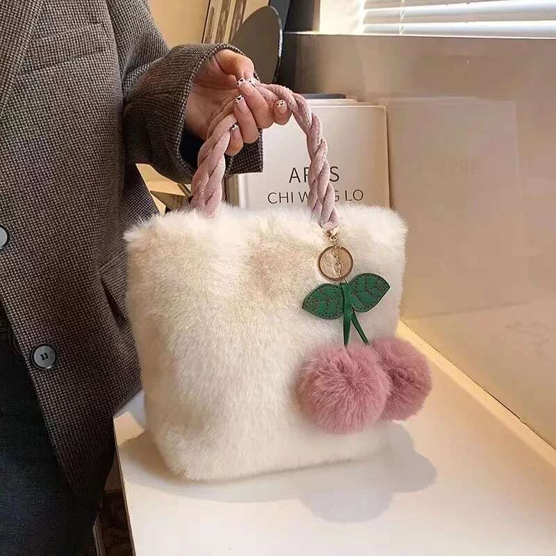 New Women Soft Plush Handbag Winter Furry Ladies Clutch Purse Shoulder Bags Fashion Female Cherry Pendant Messenger Bag