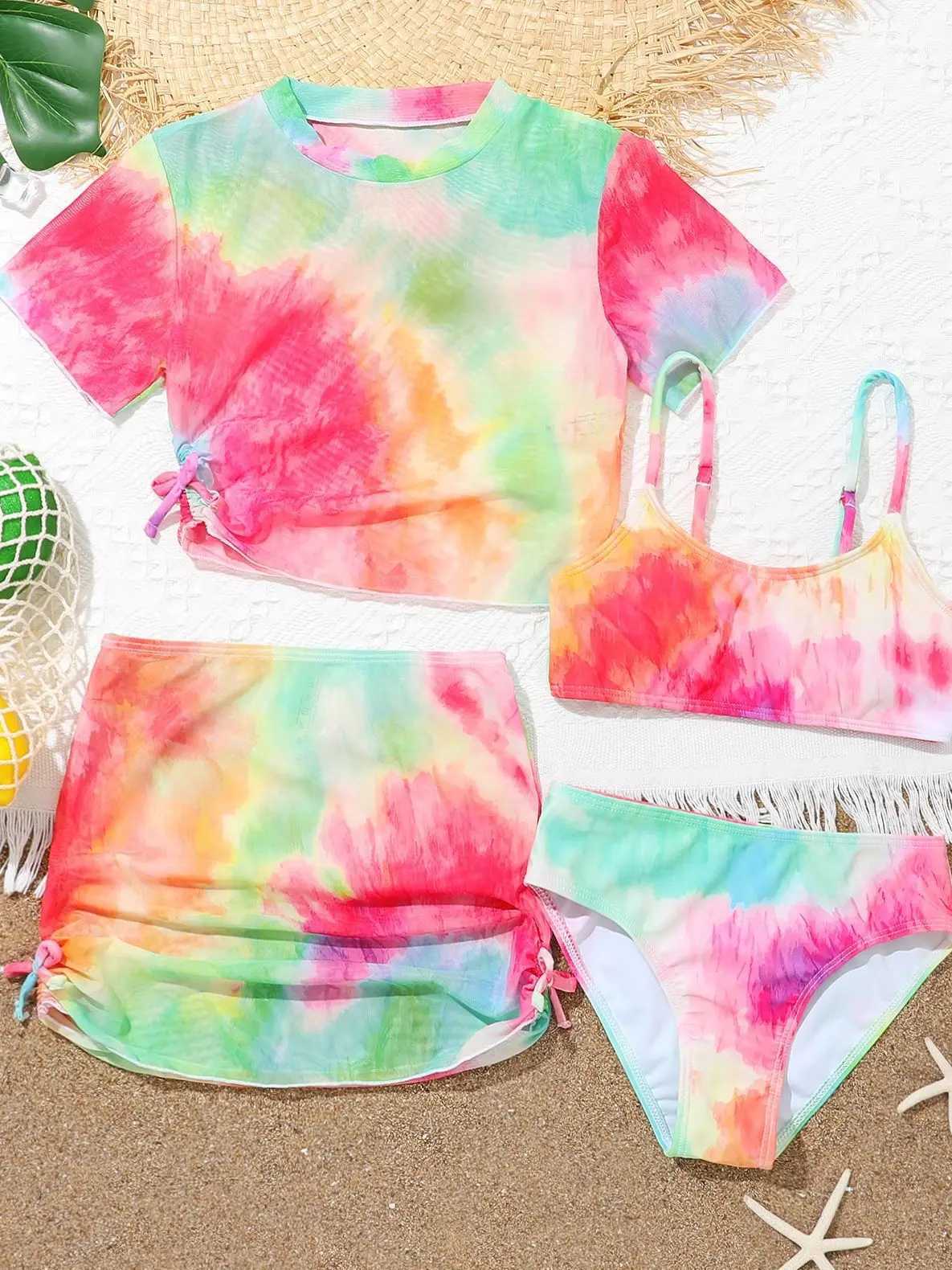 4 Pieces Bikinis Set Top Skirt 2023 Girls Swimsuit Kids Swimwear Female Children Bathers Bathing Swimming Swim Suit BeachwearXJ250214