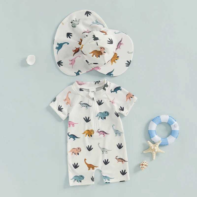 Citgeett Summer Toddler Boys Swimsuit Playsuits Print Zipper Short Sleeve Bathing Suit Cap ClothesXJ250214