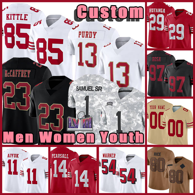Christian McCaffrey Football Jersey Brock Purdy George Kittle Deebo Samuel Nick Bosa Fred Warner Ricky Pearsall Jauan Jennings Brandon Aiyuk Trent Williams Rice