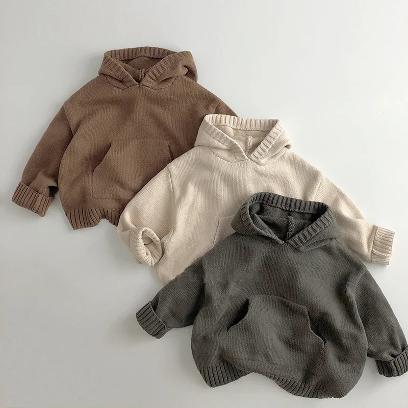 Front Pocket Fine Knit Children Boys Girl Sweaters Hoodie Knit Pullover Loose Style Girl Hooded Toddler Knitwear Coat 250214