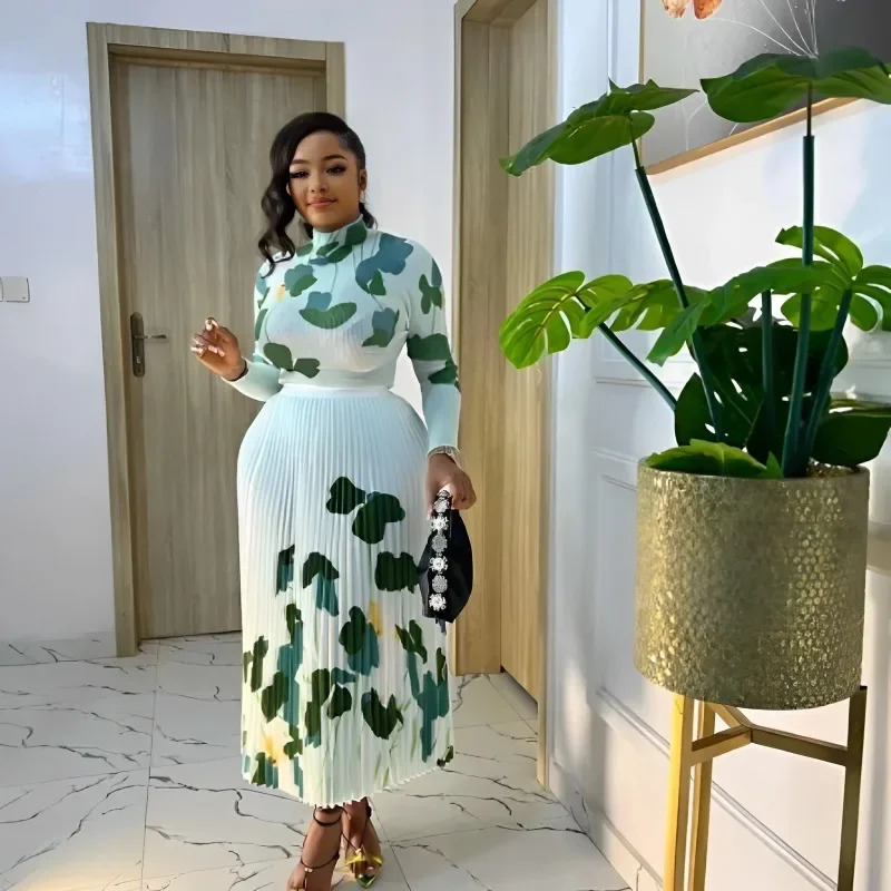 Miyake Pleated Corn Grain Top with Plant Print Long Sleeved Skirt Set Twopiece Womens Clothing 250214