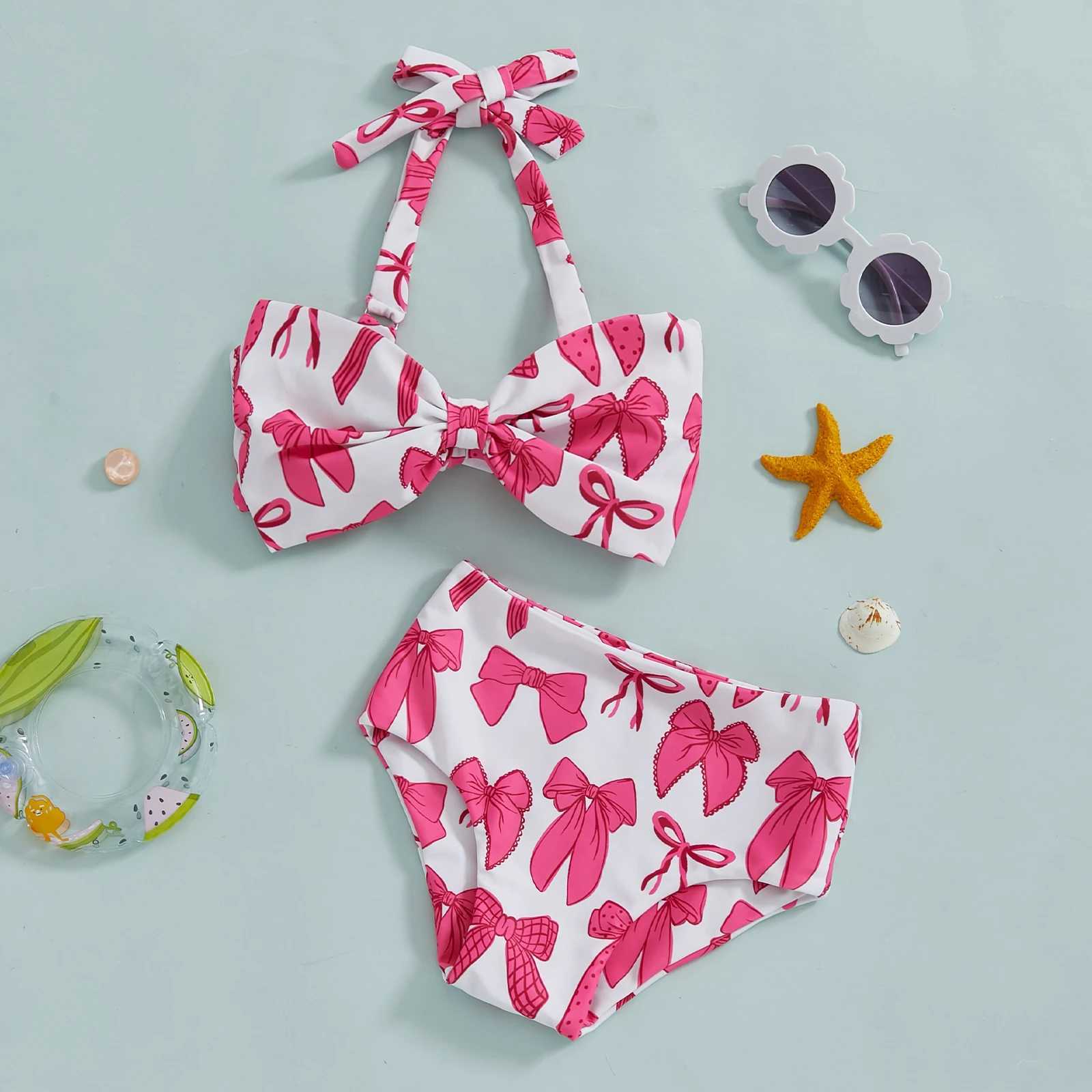 2025 New Kids Baby Girl 2 Piece Swimsuits Summer Bow Print Halter Neck Bikini Tops and Elastic Shorts Set Bikini Bathing SuitsXJ250214