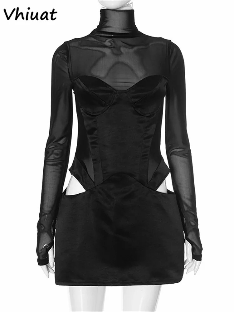 Vhiuat Sexy Cut Out Mesh Patchwork Turtleneck Long Sleeve Wrap Short Dress Party Evening Elegant Party Birthday Mini Dress 250213