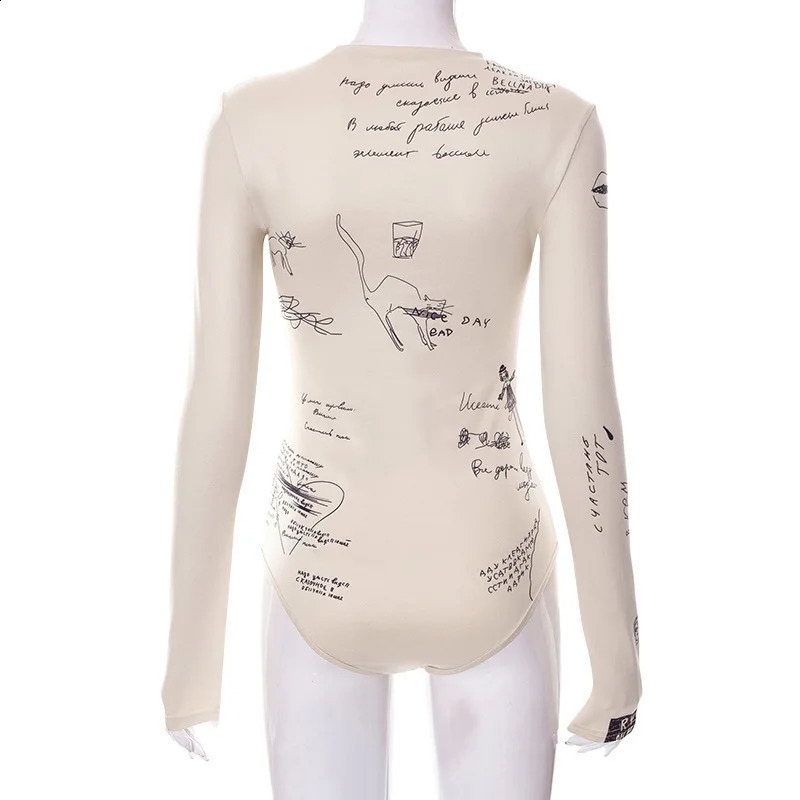 Apprabant Fashionable Letter Printed Bodysuits Women Round Neck Long Sleeved Slim Fit Streetwear Versatile Casual Bodysuit 250213