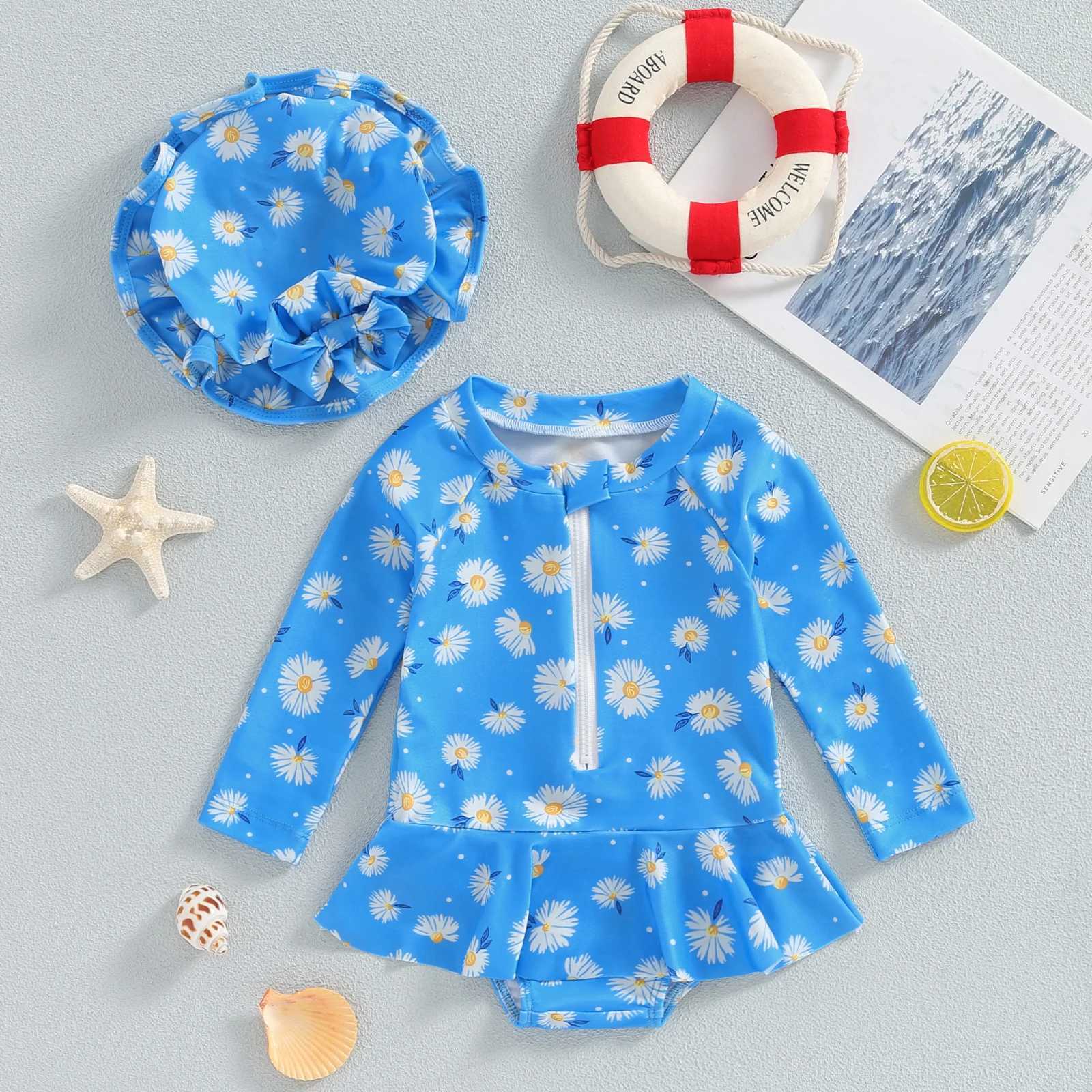 Toddler Baby Girls Floral Swimsuit Cotton Beachwear Newborn Long Sleeve Bikini with Hat Swimwear Infant Summer Bathing SuitsXJ250214