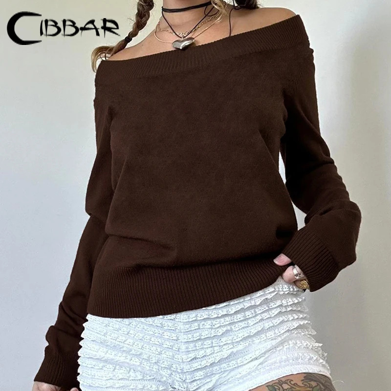 Cibbar Brown Slant Neck Sweater Retro 2000s Full Set Shoulder Knitted Top Pulling Flower Retro Solid Loose Womens Sweater 250210