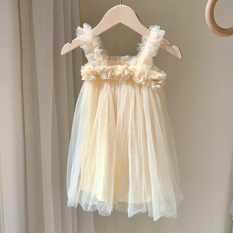 Summer Kids Baby Girl Tulle Mesh Dress Flower Sling Sweet Children Solid Color Dresses for Girls Sundress Toddler Princess Dress 250213
