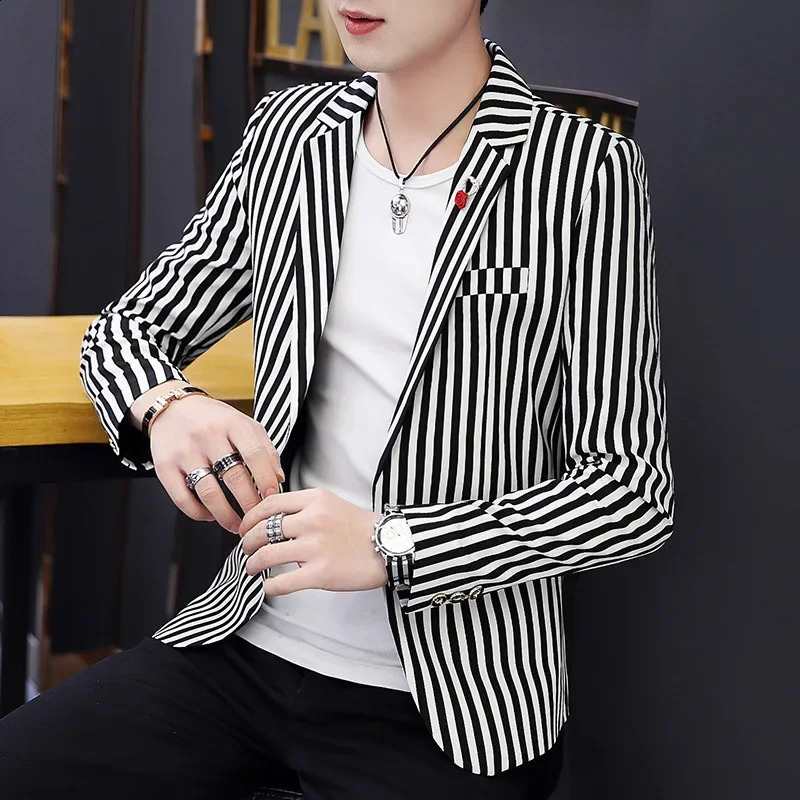 Mens Blazer Jacket Suit Male Casual Korean Style Trendy Slim Striped Student Small Hair Stylist Single Top 250214