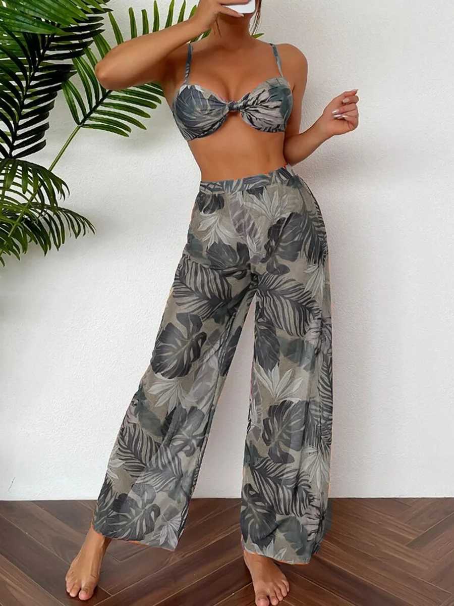 2024 Print Three Piece Bikini With Long Pants Swimsuit Women Swimwear Female Bather Bathing Swimming Swim Suit BeachwearW250214