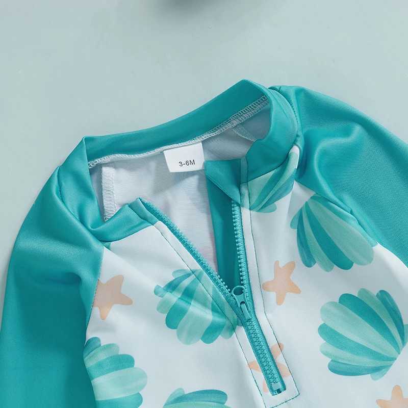 0-5Y Kids Boys Long Sleeve Swimwear Summer Shell Print Zipper Rash Guard Swimsuit and Hat Beachwear Bathing SuitXJ250214
