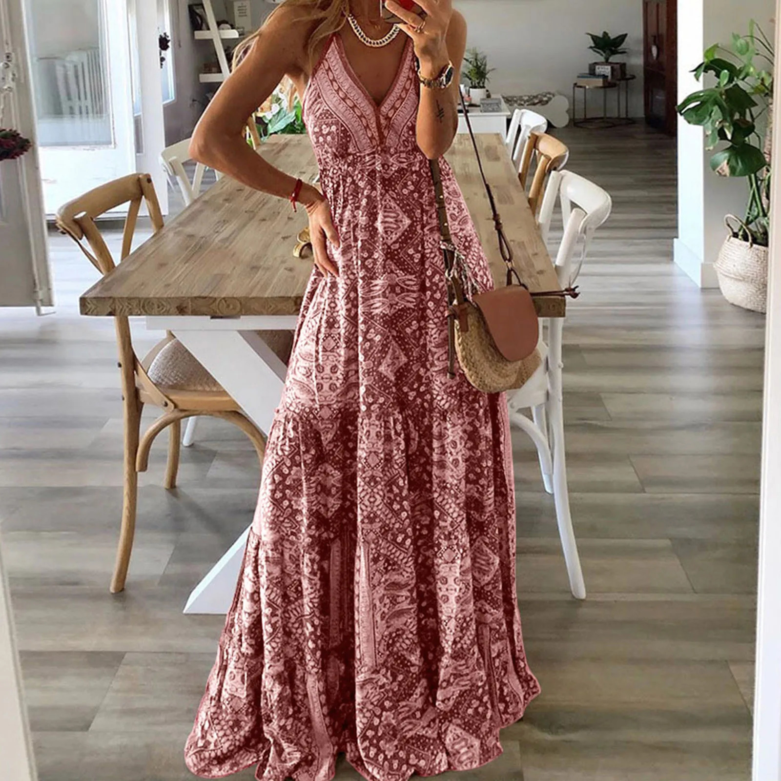 Womens Bohemian Beach Long Dresses Elegant Spaghetti Strap Ethnic Style Maxi Dress Summer V Neck Tunic Sling Dress Womens Clothing 250213