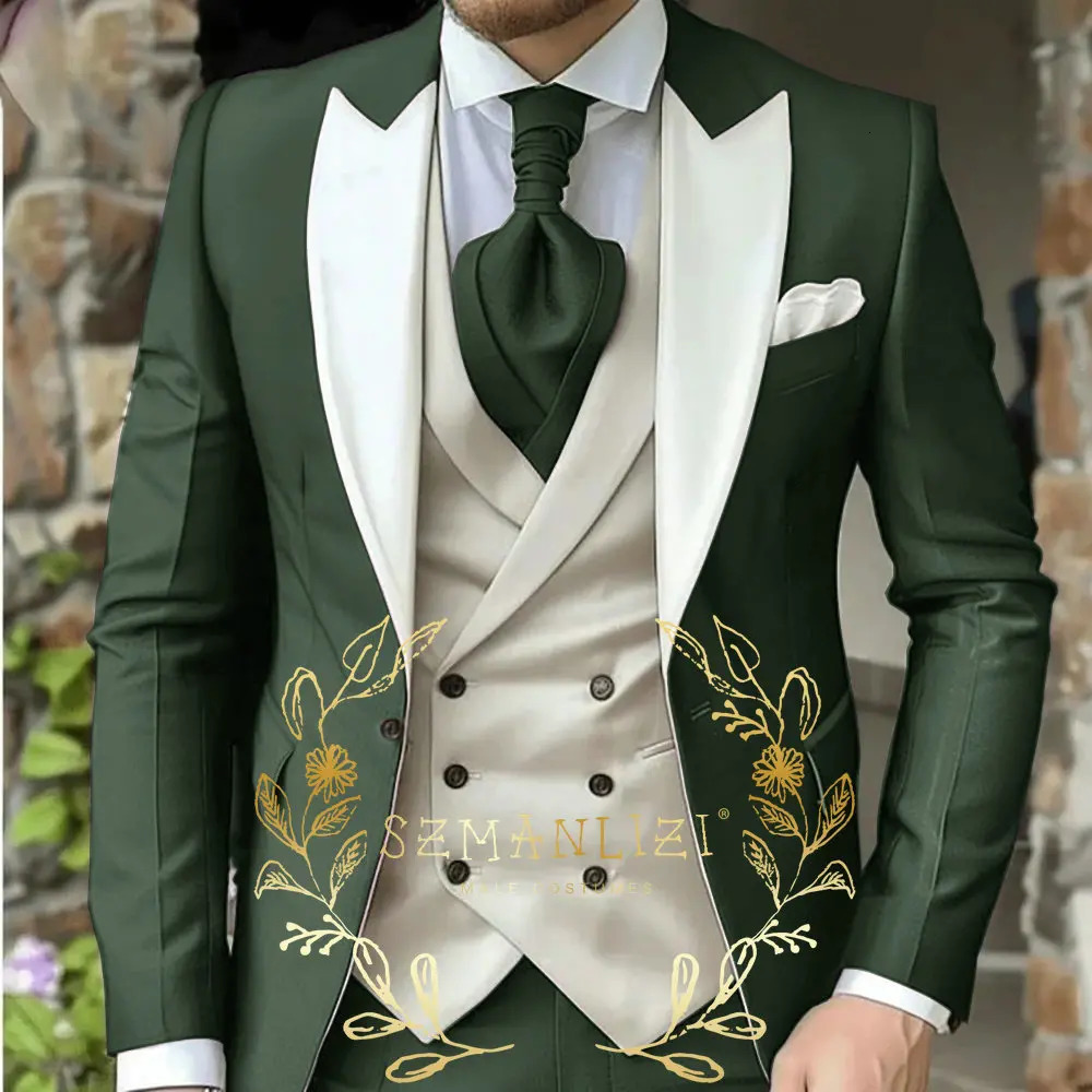 Light Green Classic Men Suit 3 Piece Tuxedo Peaked Lapel Groomsmen Wedding Suits Set Fashion Men Business Blazer Pants Vest 250214