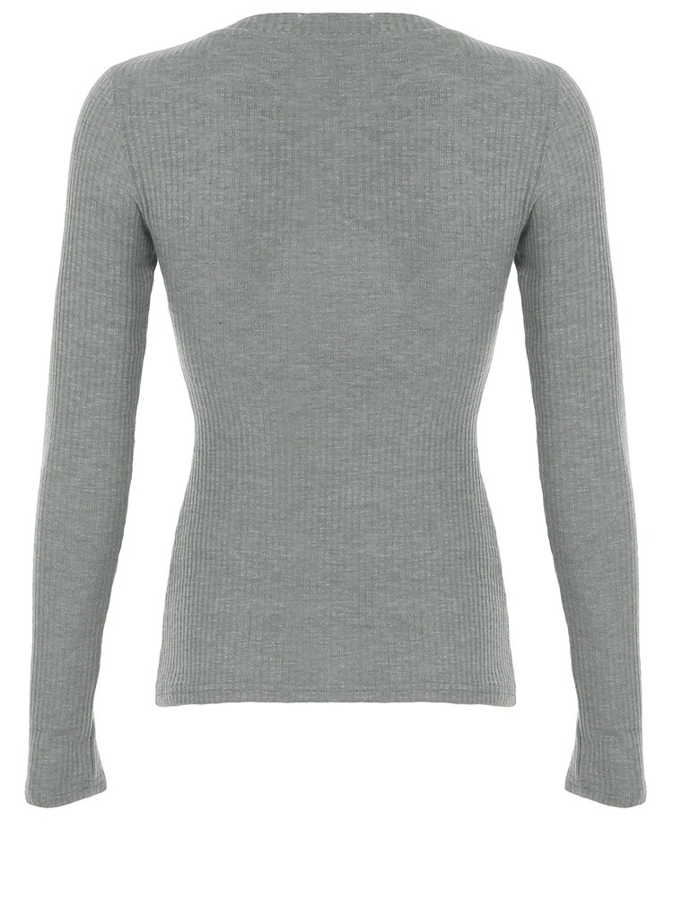 Rockmore Solid Vneck Tshirts for Women Ribbed Knit Long Sleeve Skinny Stretch Basic Tops Autumn Casual T Shirt Korean Fashion 250211