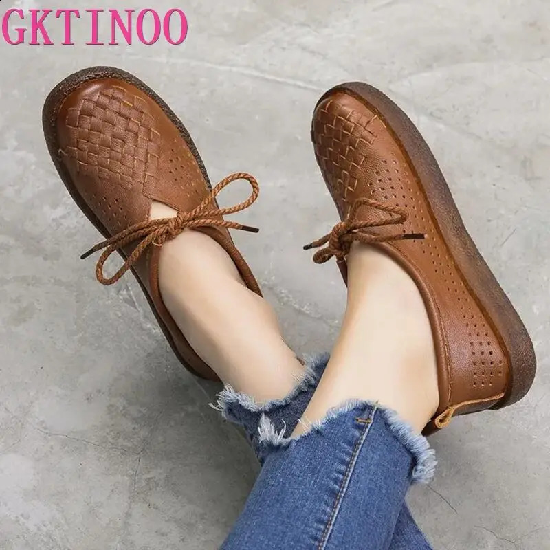 GKTINOO Spring Ladies Genuine Leather Handmade Shoes Women Lace Up Flat Shoes Women Autumn Soft Loafers Flats 250214