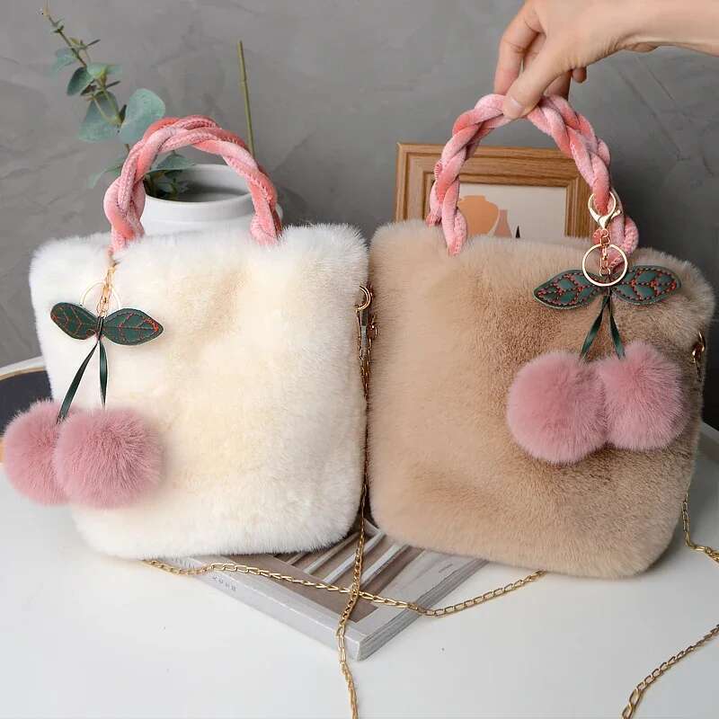 New Women Soft Plush Handbag Winter Furry Ladies Clutch Purse Shoulder Bags Fashion Female Cherry Pendant Messenger Bag