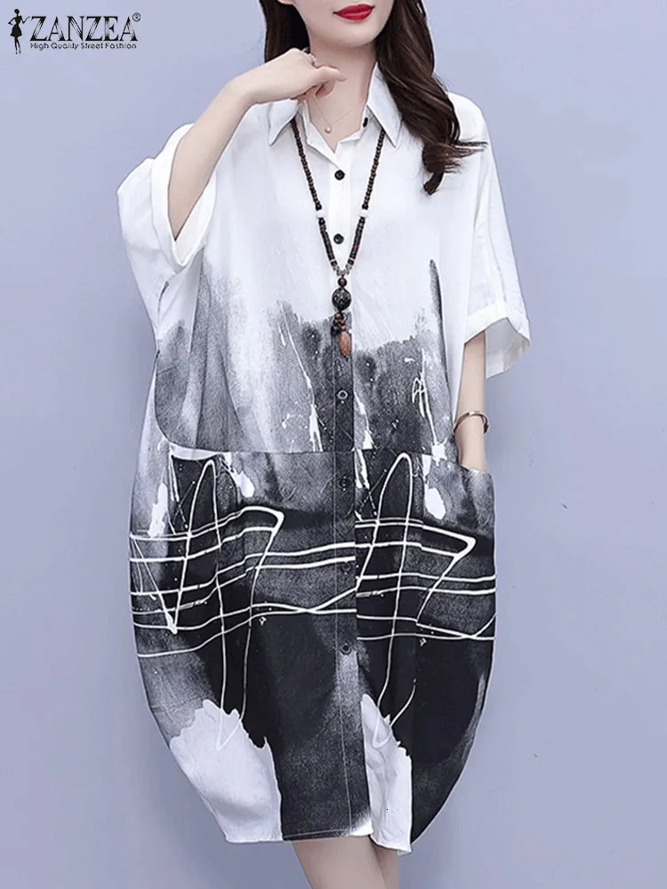 ZANZEA Vintage Ink Painting Shirt Dress Women Oversize Loose Casual 3/4 Sleeve Midi Dresses Trendy Rounded Hem Dresses 250213
