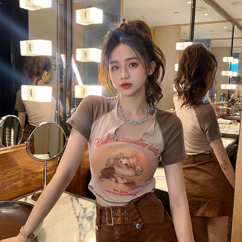 Designer American Cotton Women's Cat Sleeve T-shirt 2025 Summer New Style Girl Slimming Short Sweet And Spicy Top