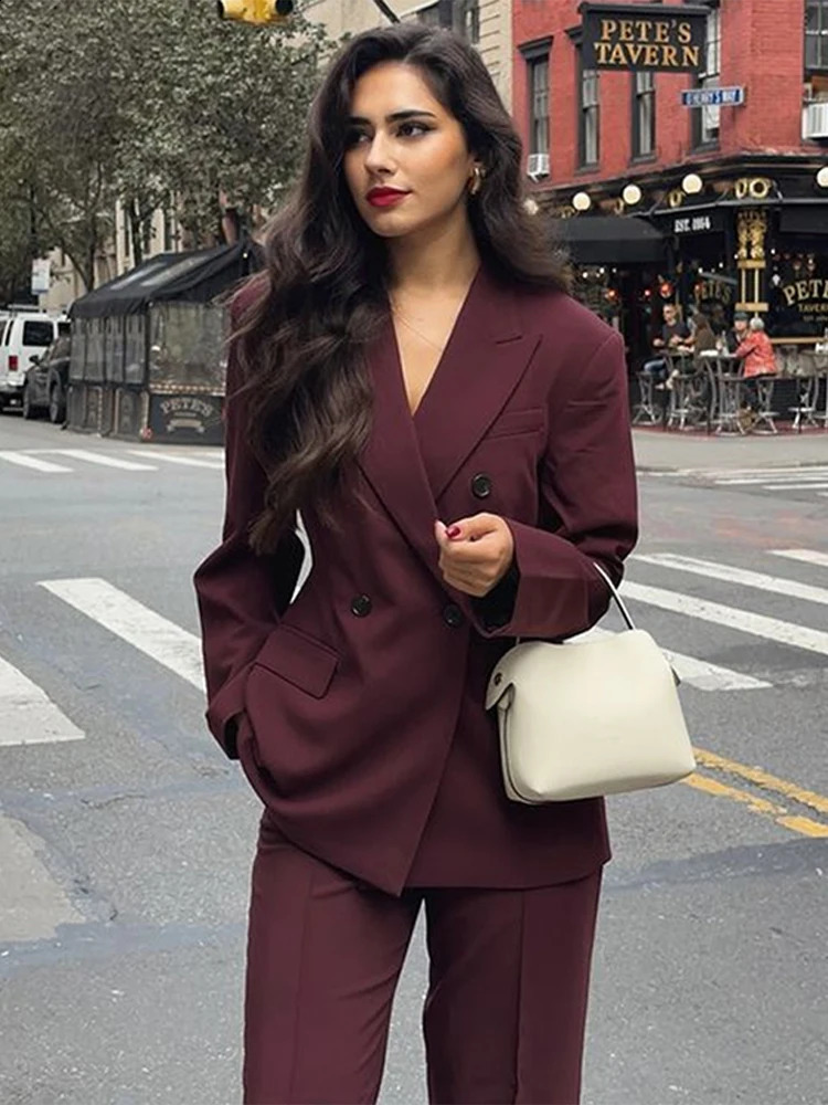 Fashion Lapel Jacket Long Pant Sets For Women Double Breasted Blazer Wide Leg Pant 2 Piece Outfits Office Lady Chic Suits 250210