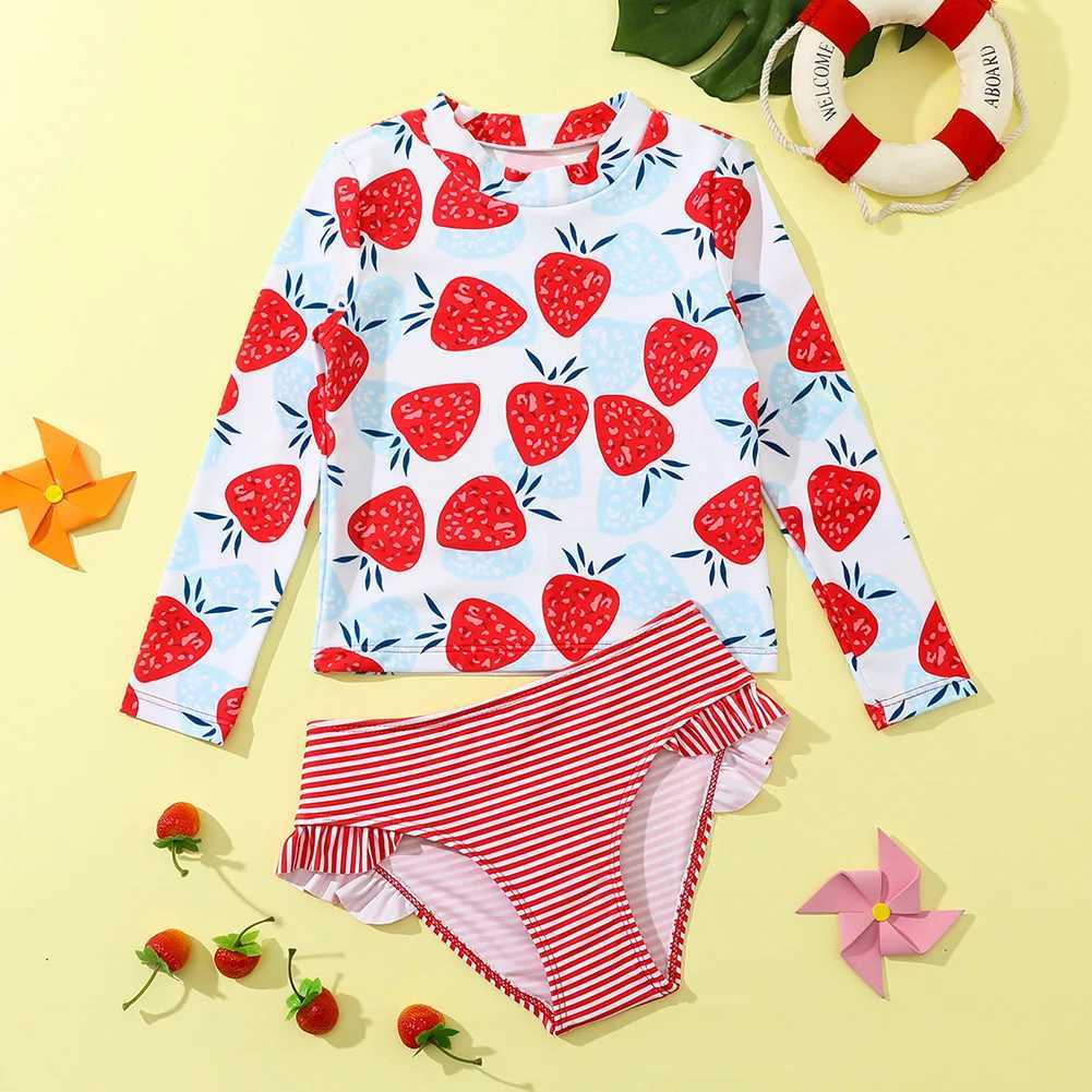 Girl Swimwear Summer Kids Swimming Clothing Ruffles Long Sleeve Beachwear Bathing Suit Butterfly Print Girls Two Piece SwimsuitXJ250214