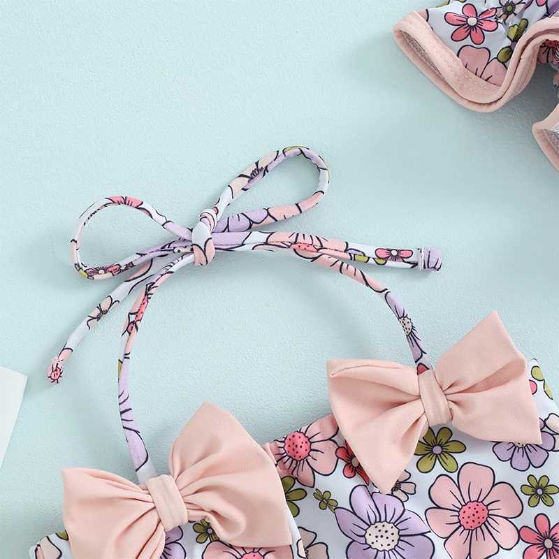 0-18M Baby Girls Summer Bikini 3 Pcs Set Floral Print Bow Halter Crop Tops with Shorts and Swimming Hat SwimsuitXJ250214