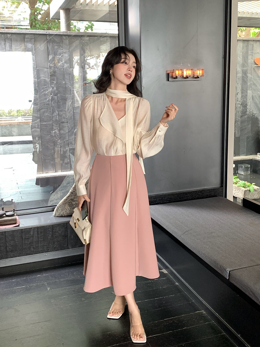 G10145 Spring new style temperament commuting high waist skirt versatile pleated large swing A-line skirt 85132