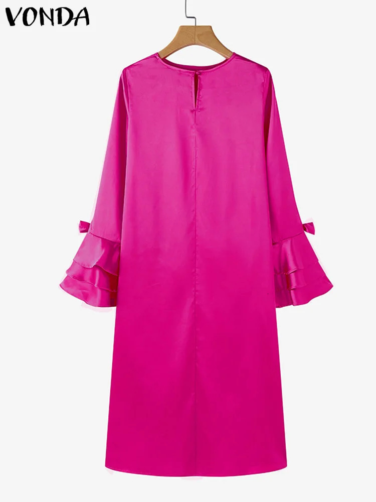 Plus Size VONDA Women Irregular Tops Satin Silk Blouses Casual Tunics Elegant Flare Sleeve Solid Split Layered Blouses 250210