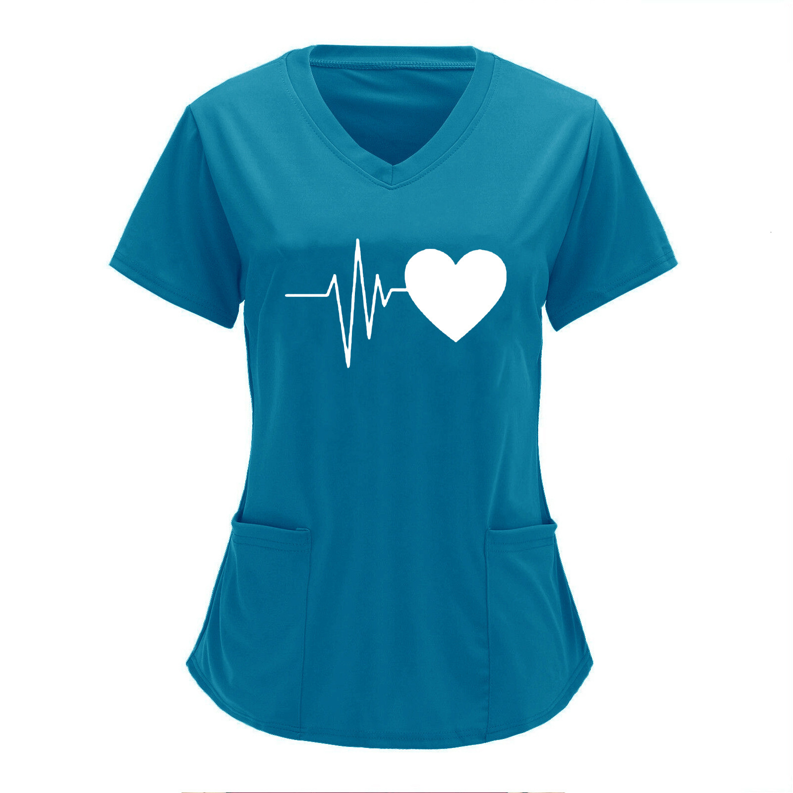 2025 Designer Nurse Protective Work Clothes V-neck Double Pocket Heartbeat Printed Shirt Short Sleeve T-shirt Large Size