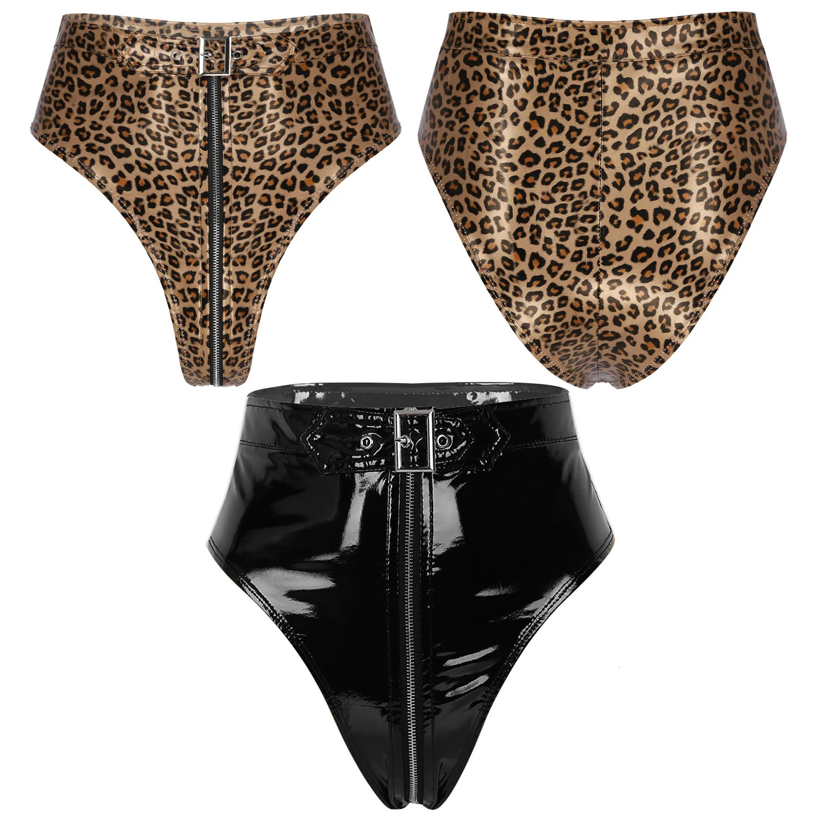 Womens PU Leather Leopard Sexy Clubwear High Cut Front Zip Up Booty Shorts Pants for Night Club Party Rave Knickers 250213